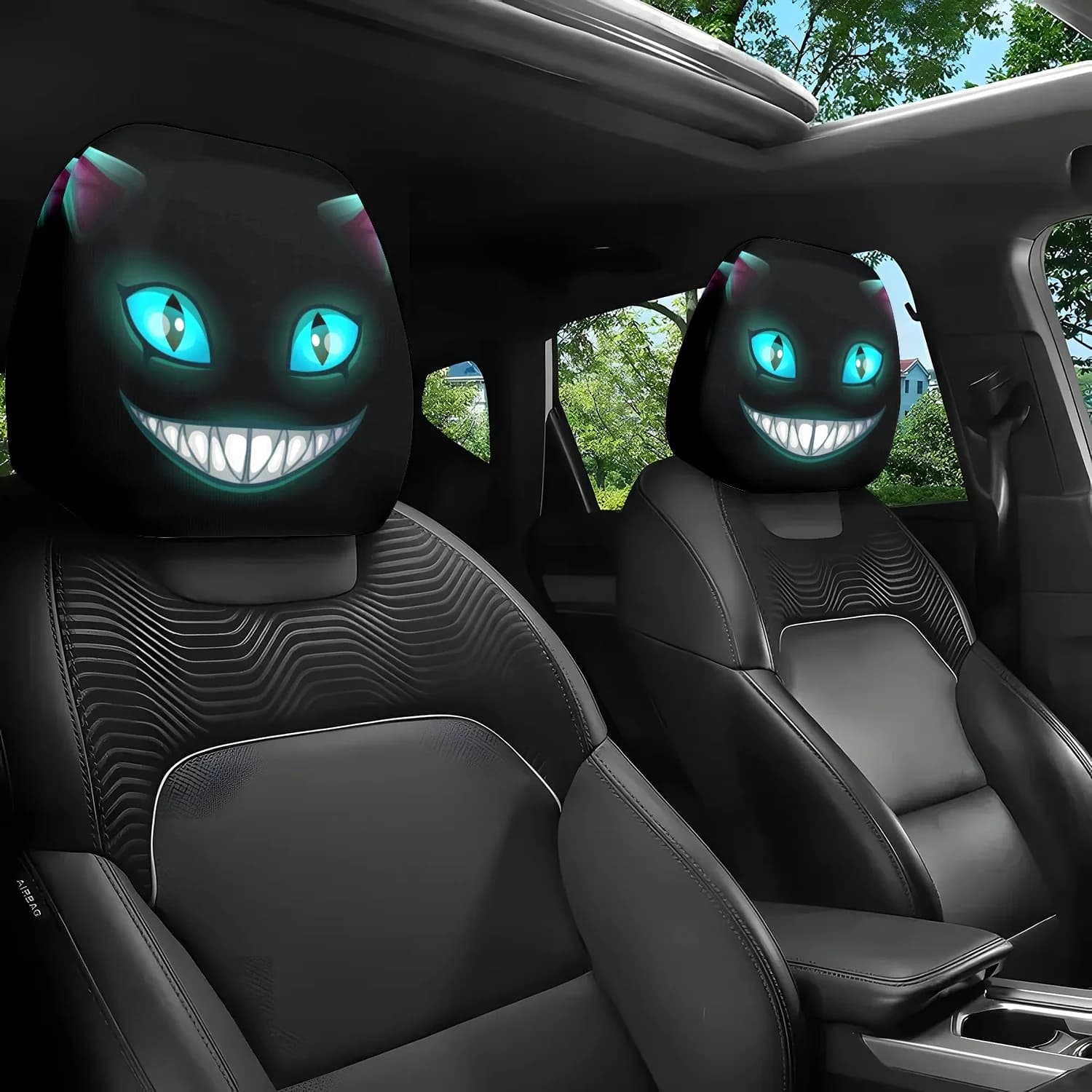 2 copri poggiatesta per auto con gatto sorridente | Nero con occhi blu luminosi | Accessori per Interni Auto Durevoli e Confortevoli, Vendita Calda