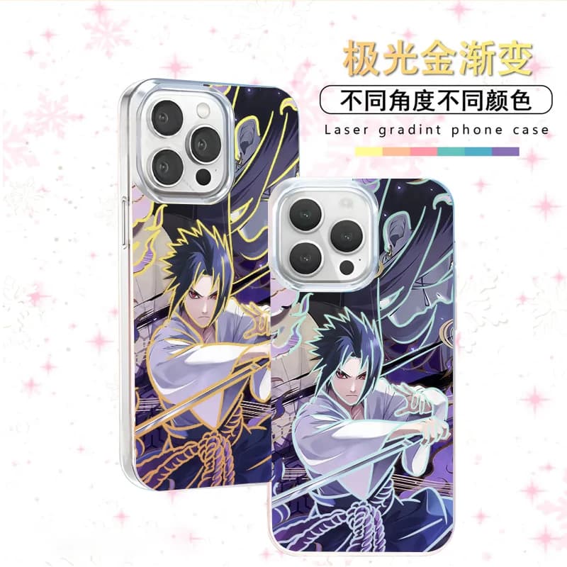 Cover per iPhone 12 13 14 15 16 17 Pro Max Plus 17ProMax con Naruto Uchiha Sasuke 3D, Anime, Aurora Laser, Cover Posteriore Elegante