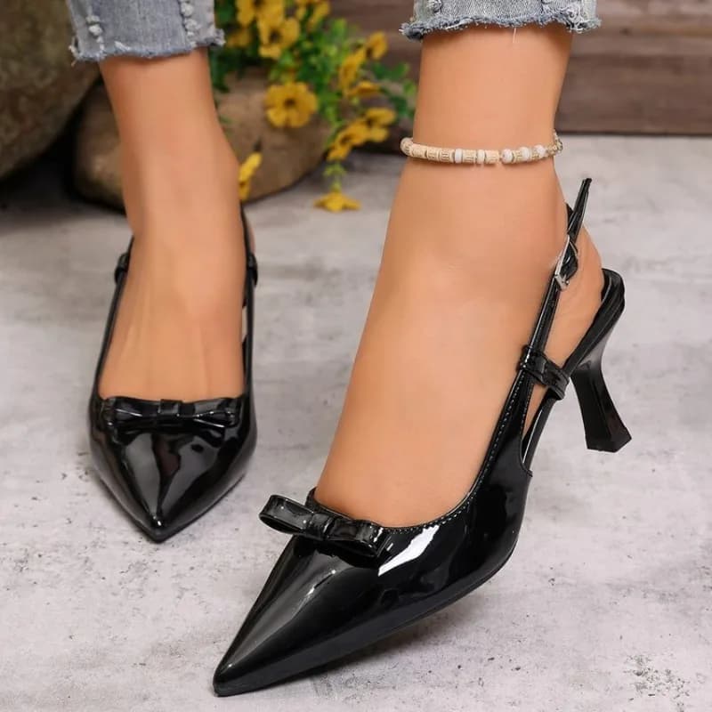 Scarpe Eleganti da Donna con Tacco a Spillo e Punta Affusolata, in Pelle Verniciata con Fiocco, Tacco Medio, Ideali per Feste e Matrimoni