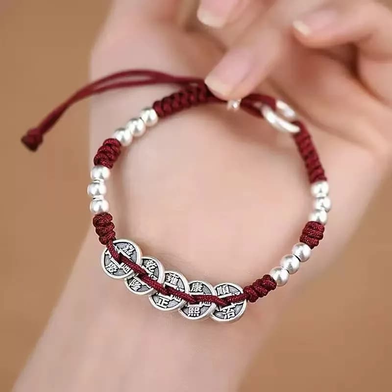 Braccialetto alla moda con corda intrecciata per donna, gioiello portafortuna con monete dei cinque imperatori, accessorio da mano per donna e uomo