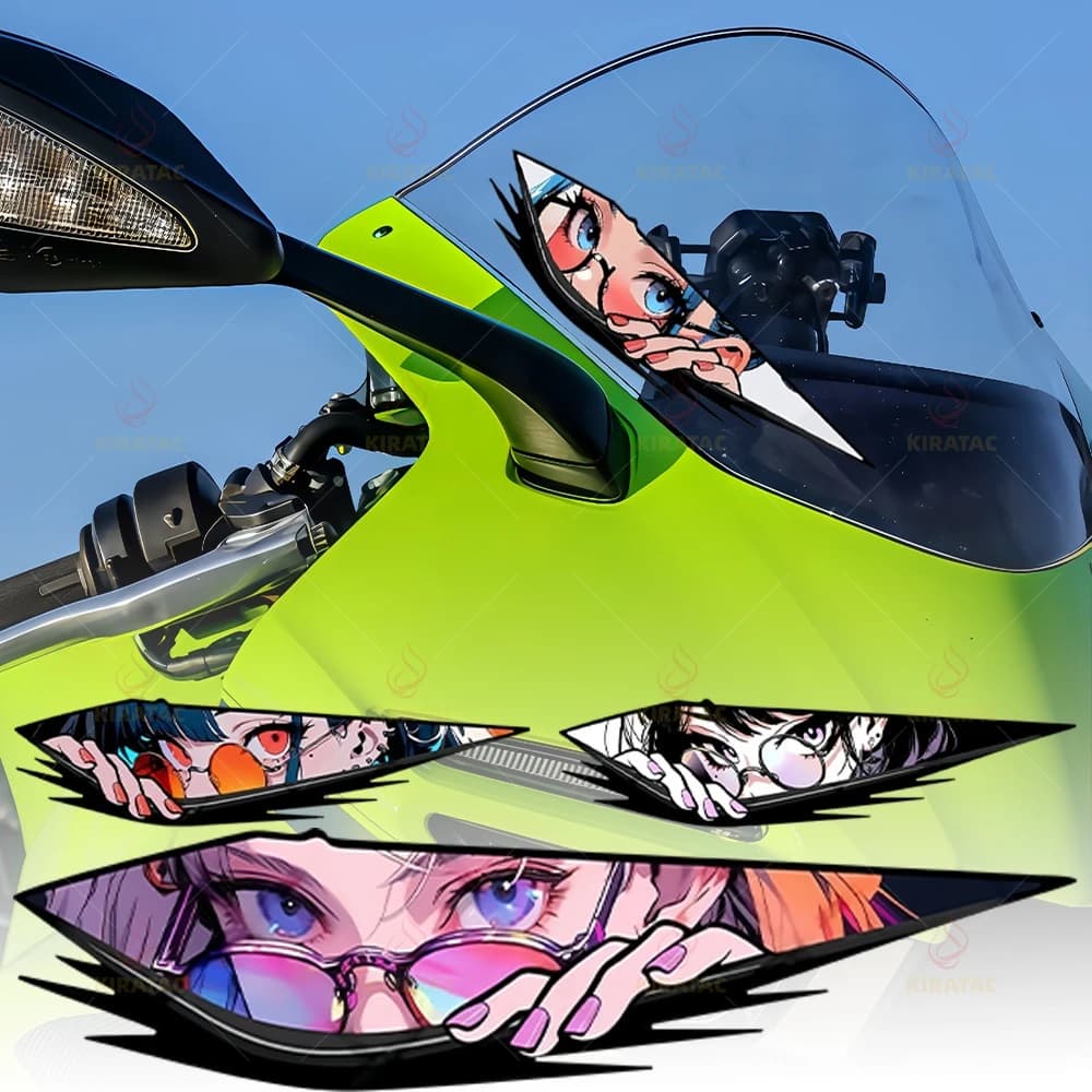 Set di 4 Adesivi in Vinile Impermeabili con Ragazza Anime che Sbircia da Dietro gli Occhiali per Auto, Moto, Casco, Laptop, Bicicletta