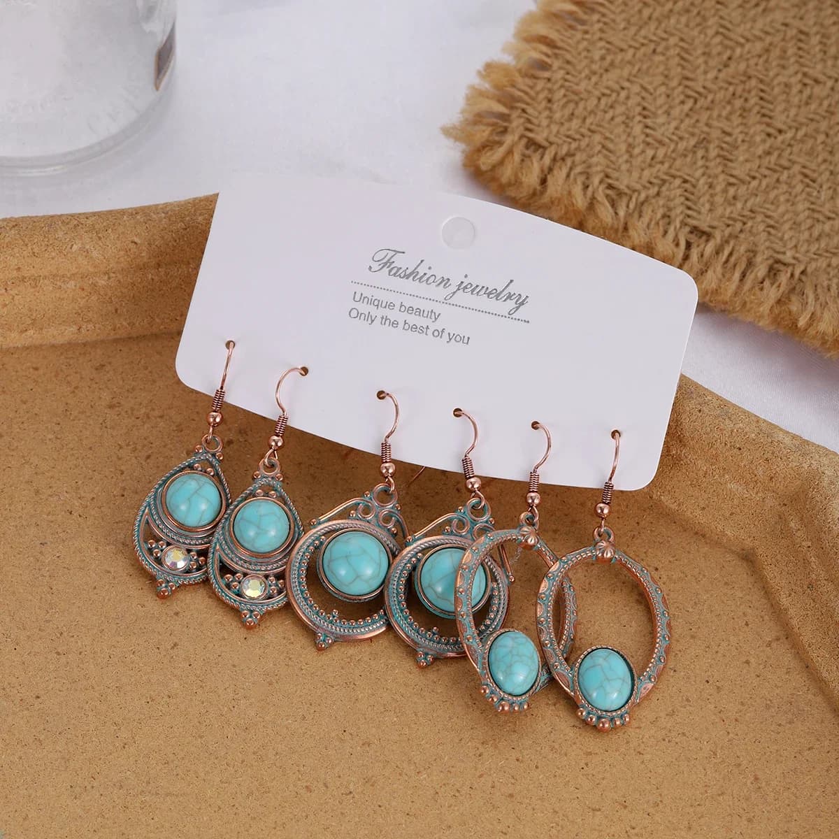2026 New Earring Set for Women Bohemian Retro Blue Stone Geometric Flower Earrings Ethnic Gold Plated Carved Metal Jewelry