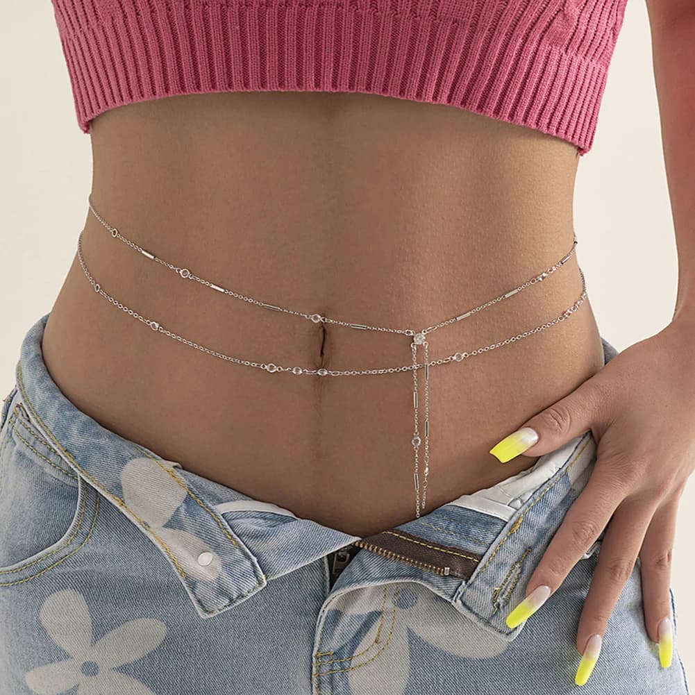 Sexy Body Chain with Slim Beads, Stainless Steel Coin Charm Belt, Women's Summer Beach Jewel