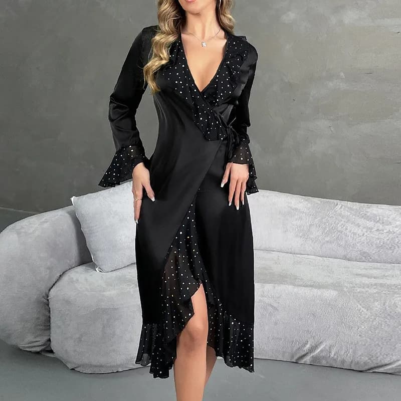 Abiti da sposa eleganti alla moda per le donne Abito da notte in raso di seta con bordo volant Abito a maniche lunghe Primavera Estate Kimono Accappatoio