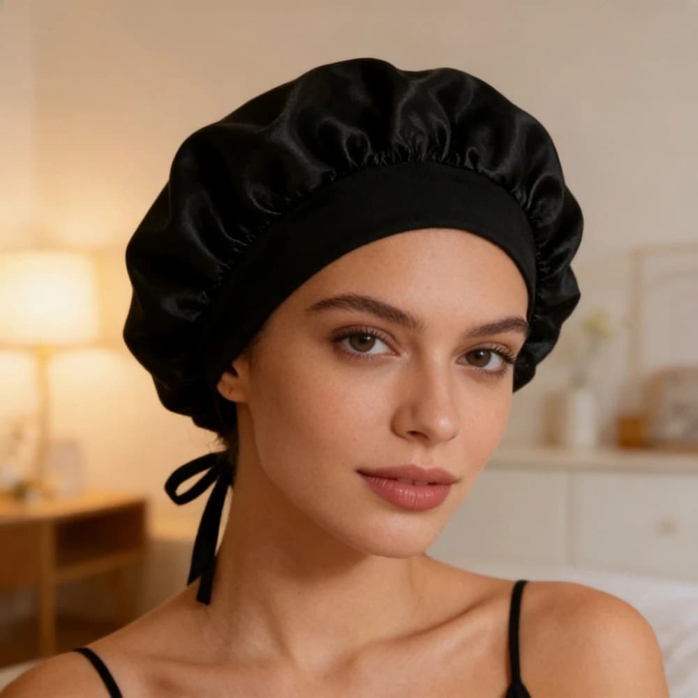 1 pezzo Cuffia da doccia da donna in raso tinta unita a tesa larga, Cuffia riutilizzabile in raso di seta per la cura quotidiana dei capelli e l'uso in bagno