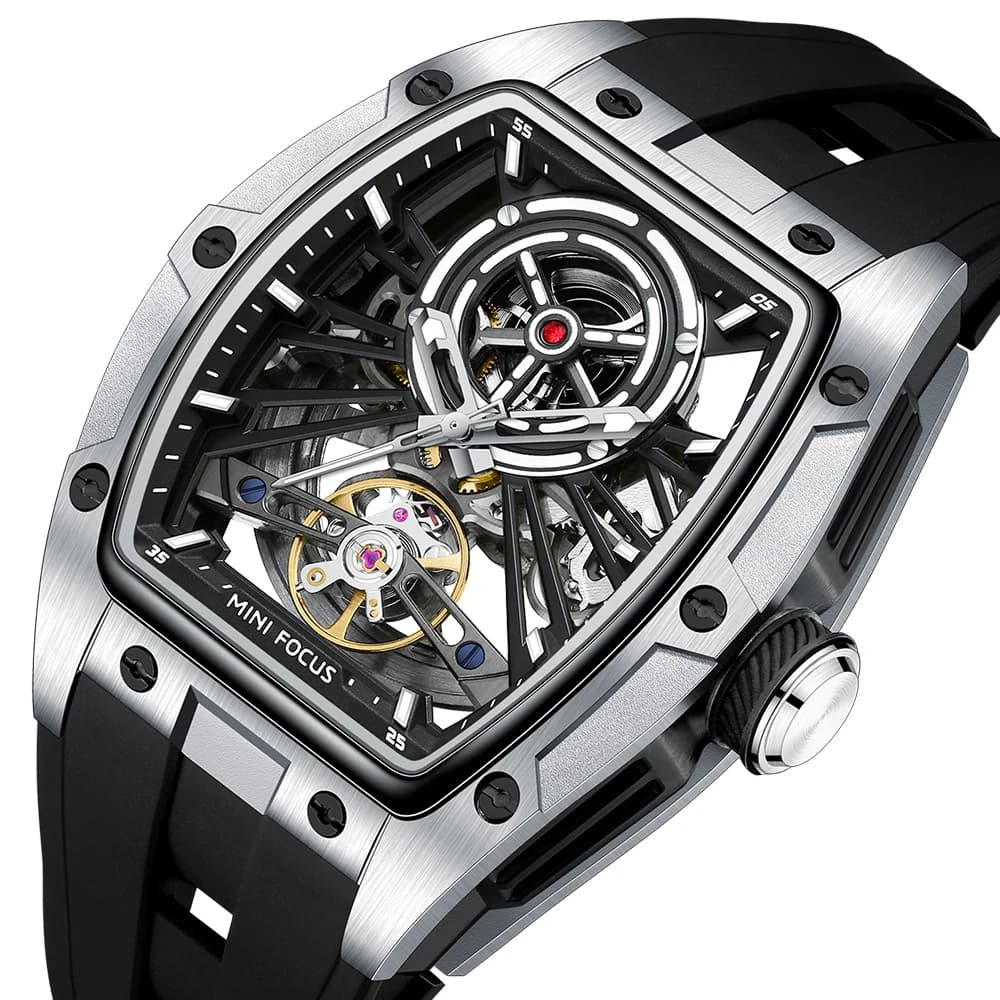 MINI FOCUS Orologio automatico scheletrato da uomo Tonneau Cassa in acciaio inossidabile all'aperto Resistenza all'acqua 50 m Cinturino sportivo in silicone 0603G