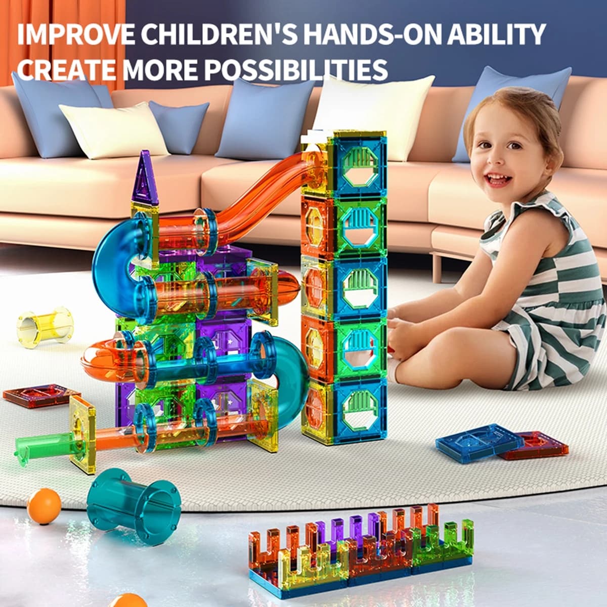 Mattoncini Magnetici da Costruzione per Bambini, Giocattoli STEM 3D Trasparenti, Pista per Biglie Magnetica, Regalo per Bambini dai 3-6 Anni