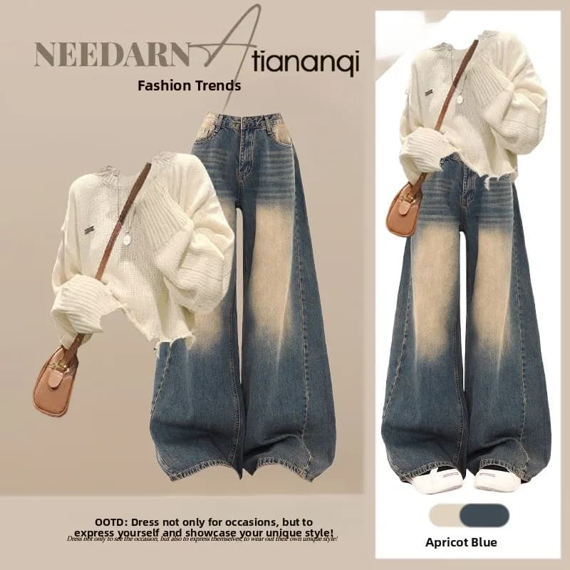 Korean Style Casual Commute Sweater And Wide Leg Jeans Two Piece Set Autumn Fashion Elegant High Quality Women's Clothing