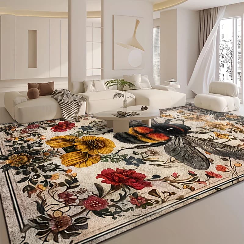1pc Vintage Bee Pattern Flannel Rug - Soft, Machine Washable, Rectangular Carpet Suitable for Living Room and Kitchen Decor