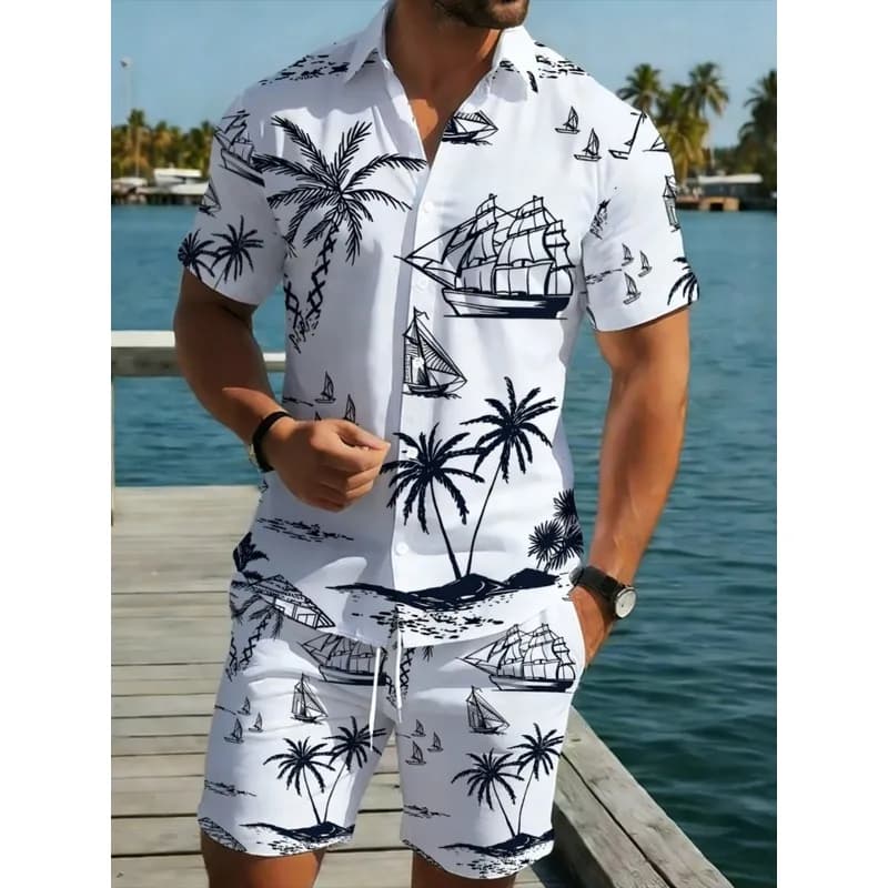Men's White Short Sleeve Shirt & Shorts Set Palm Tree Sailboat Pattern Lightweight Beachwear Outdoor Casual Vacation Comfortable