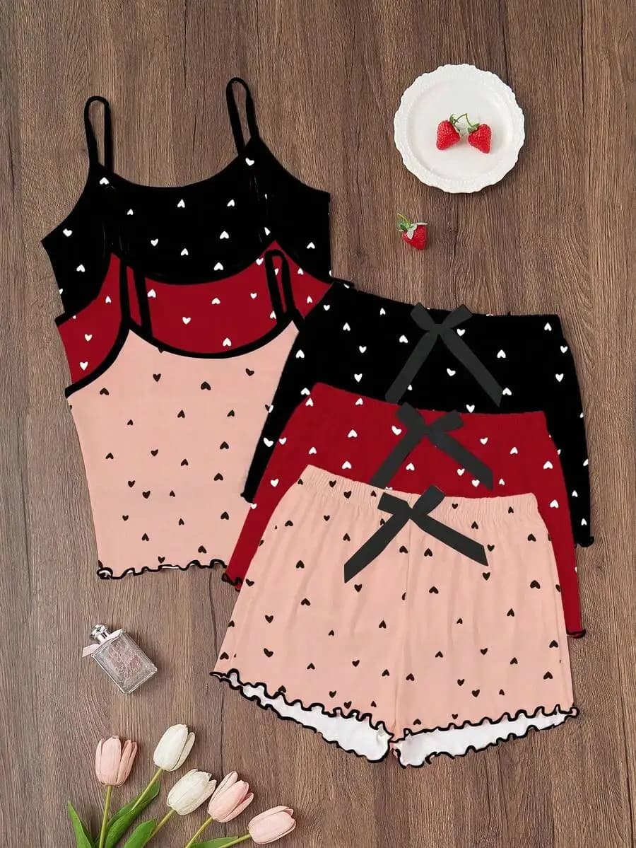 3pcs Heart Print Camisole And Shorts Pajama Set For Women Sleepwear