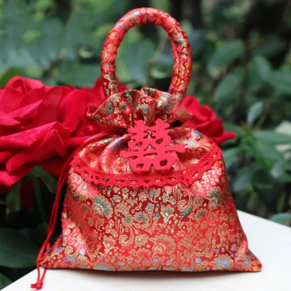 Borsa con coulisse in stile cinese con motivo floreale, in tela, con nappa, per caramelle, bomboniere, feste, Capodanno, con tasca rossa