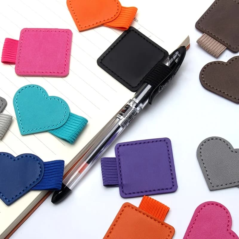 4Pcs Random Color Heart Shaped Leather Pen Holders, Self-Adhesive Elastic Pen Clips for Journals, Planners and Office Supplies