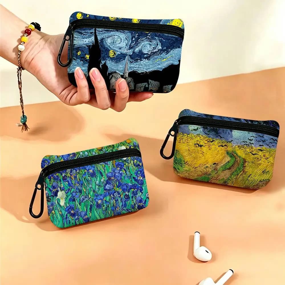 Van Gogh Oil Painting Oxford Cloth Zipper Coin Purse Portable Hanging Key Pouch Organizer For Travel Cosmetic Bag