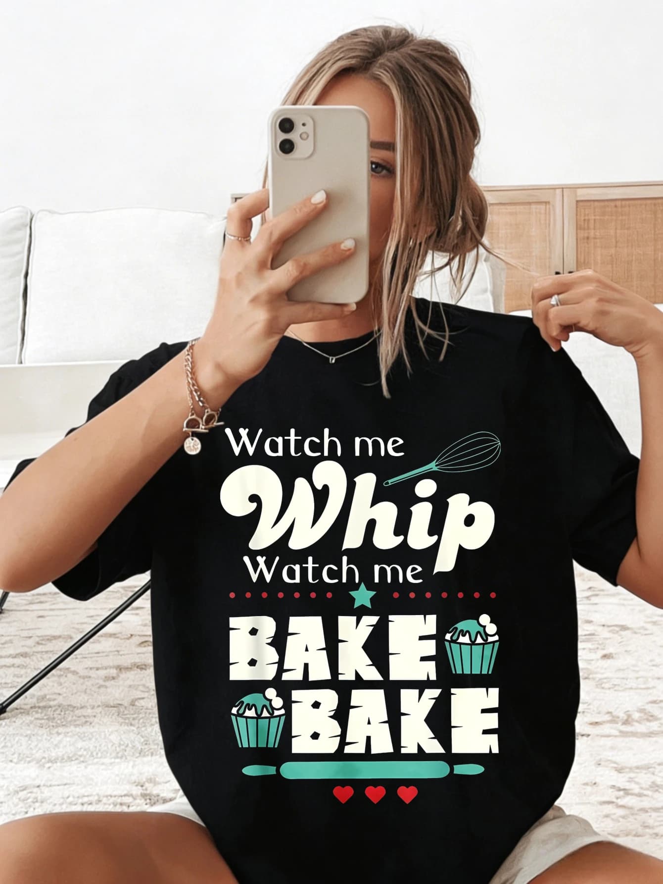 Women's short sleeve t-shirt with funny print 'Watch Me Whip Bake' in oversize cotton, casual summer, gift idea for her