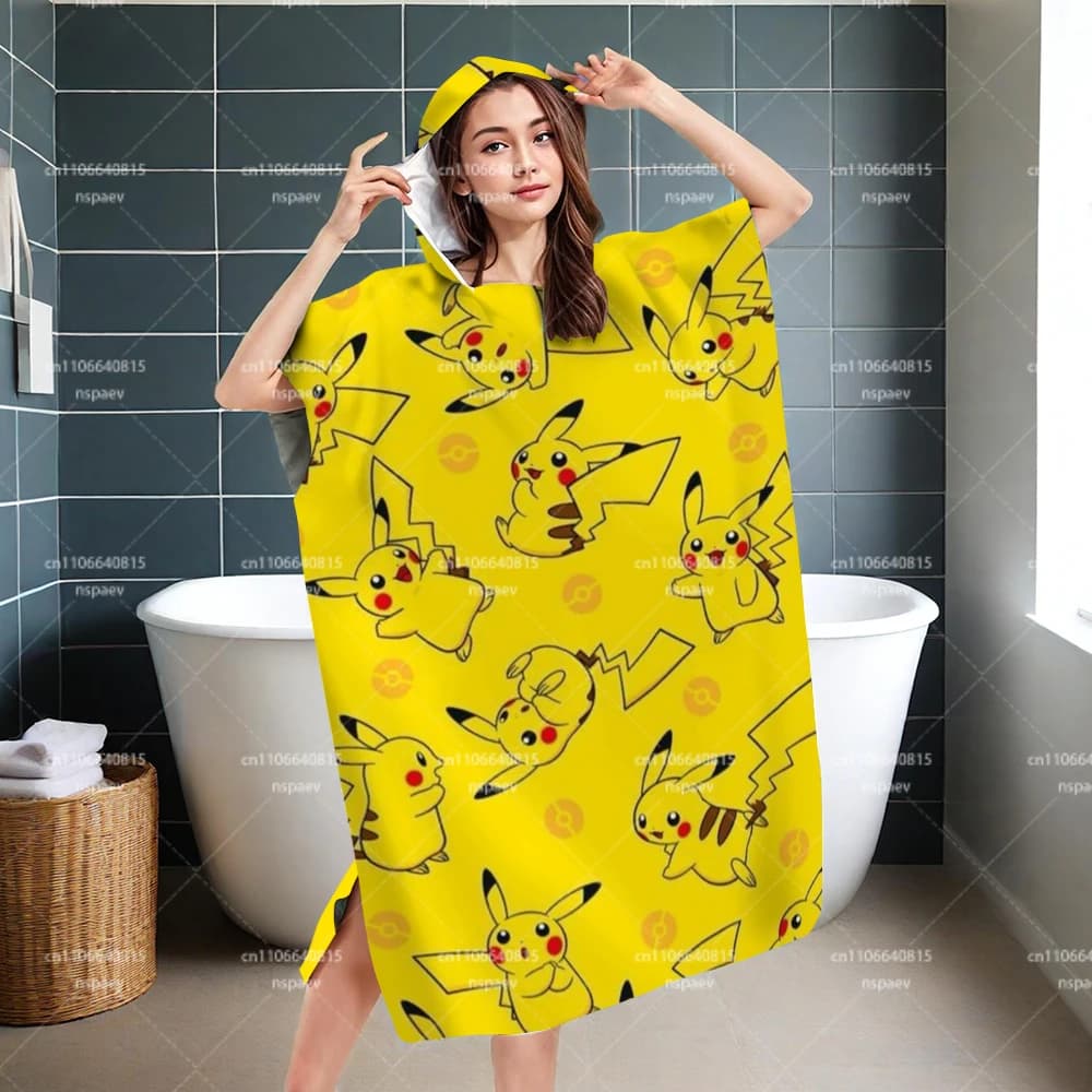 Accappatoio con cappuccio Pikachu per bambini, morbido telo giallo Pokemon per ragazzi e ragazze, simpatico telo da spiaggia a cartoni animati per bagno e piscina