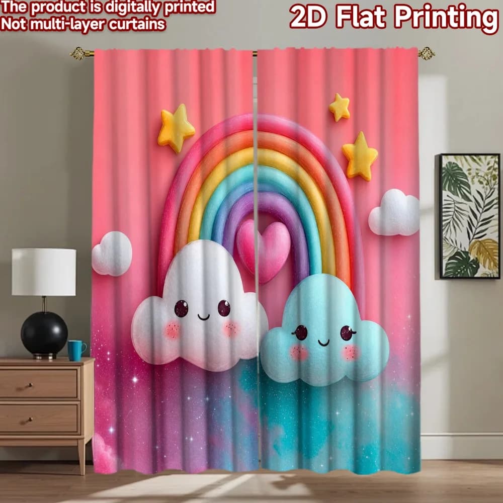 2D flat 2pcs Curtain French Romantic Style Curtains Cute Rainbow Clouds Heart Digitally printed polyester, colorfast Festive