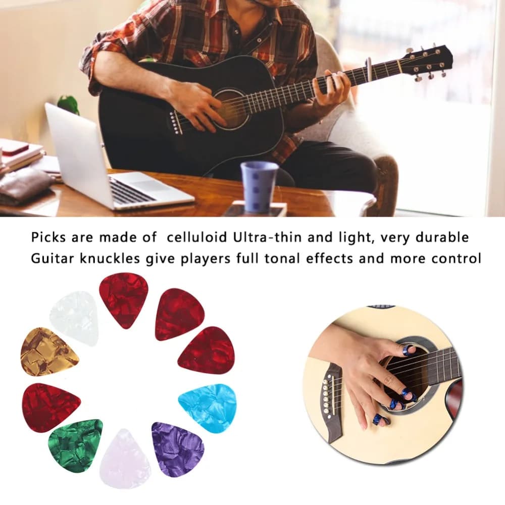 10 Celluloid Picks ​Guitar Accessories Kit​ ​4 Guitar Slides​ ​8 Finger Cots ​Guitar Slide​ ​Iron Box ​Thumb Pick​
