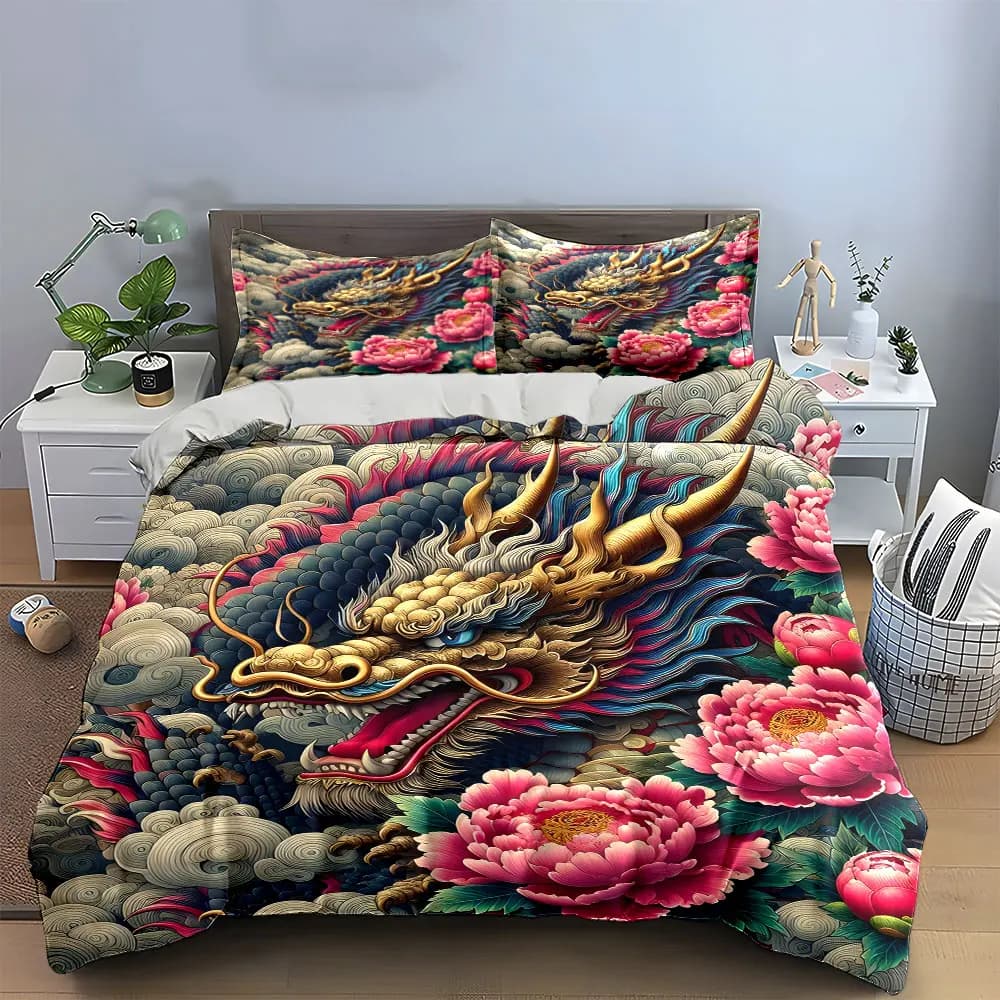 Set decorativo con drago e peonia, set di biancheria da letto morbido e confortevole, include 1 copripiumino e 2 federe, regalo