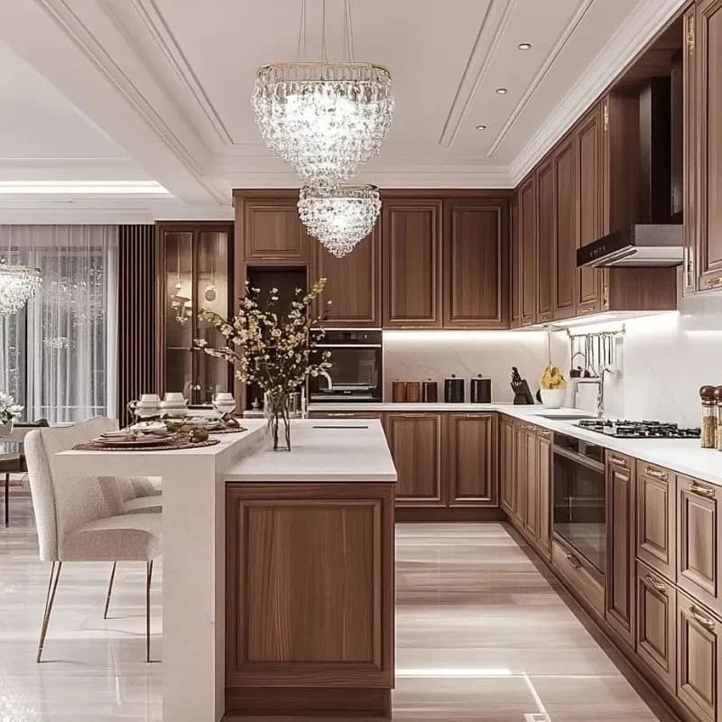 Mobili da cucina di lusso a forma di L con isola: laccato lucido personalizzato e piano di lavoro al quarzo