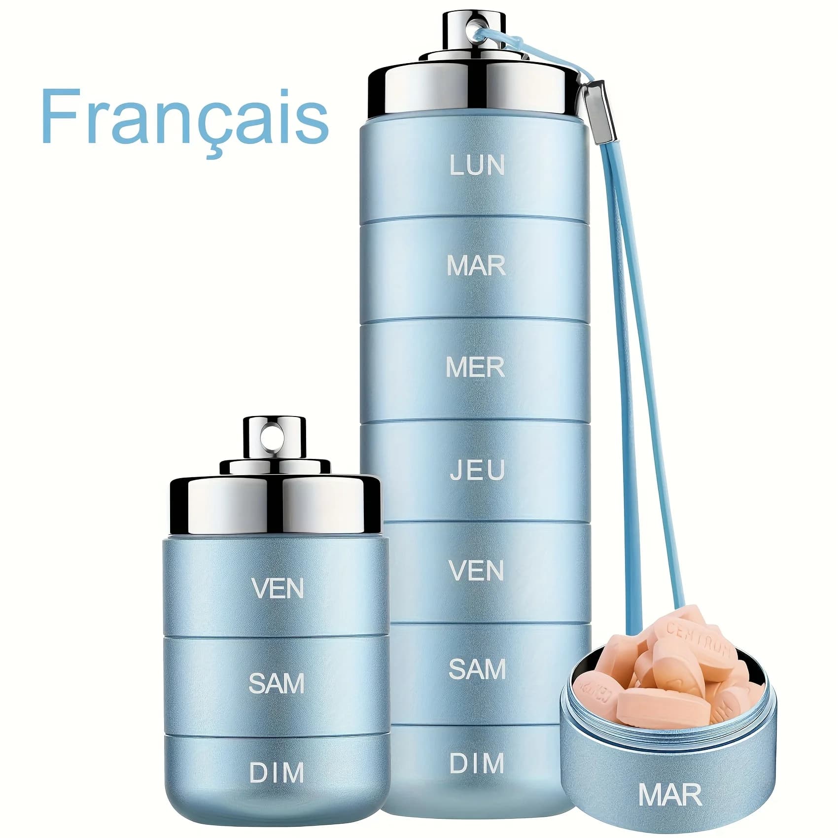 [French Stamp] Organizer of metal travel pills, portable organizer for stackable 7-day vitamins, waterproof pill holder 1 times a day