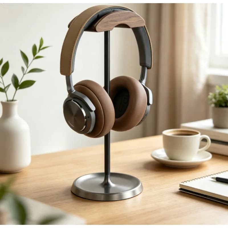 Universal Wood & Aluminum Headphone Stand with Non-Slip Base, Sturdy Desktop Gaming Rack Holder for Over-Ear Headsets