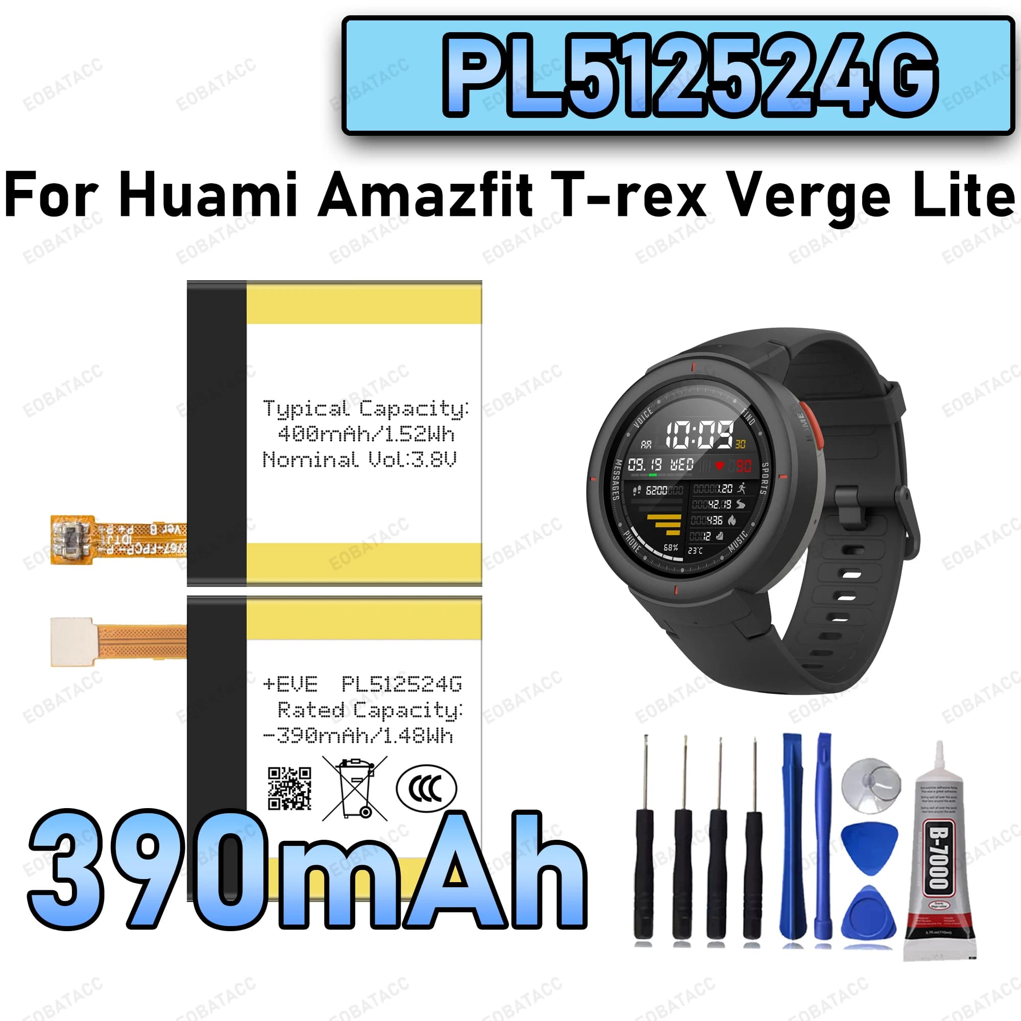 100% New Zero Cycle PL512524G For Huami Amazfit T-rex Verge Lite Smart Watch Bateria +Free Tools