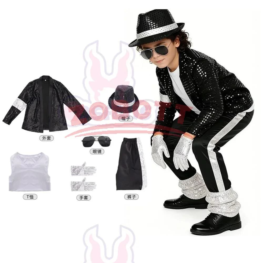 Costume da Michael Jackson per Cosplay, Set Billie Jean per Feste di Compleanno, Costume da Ballo per Star, Outfit Metallico Lucido per Adolescenti