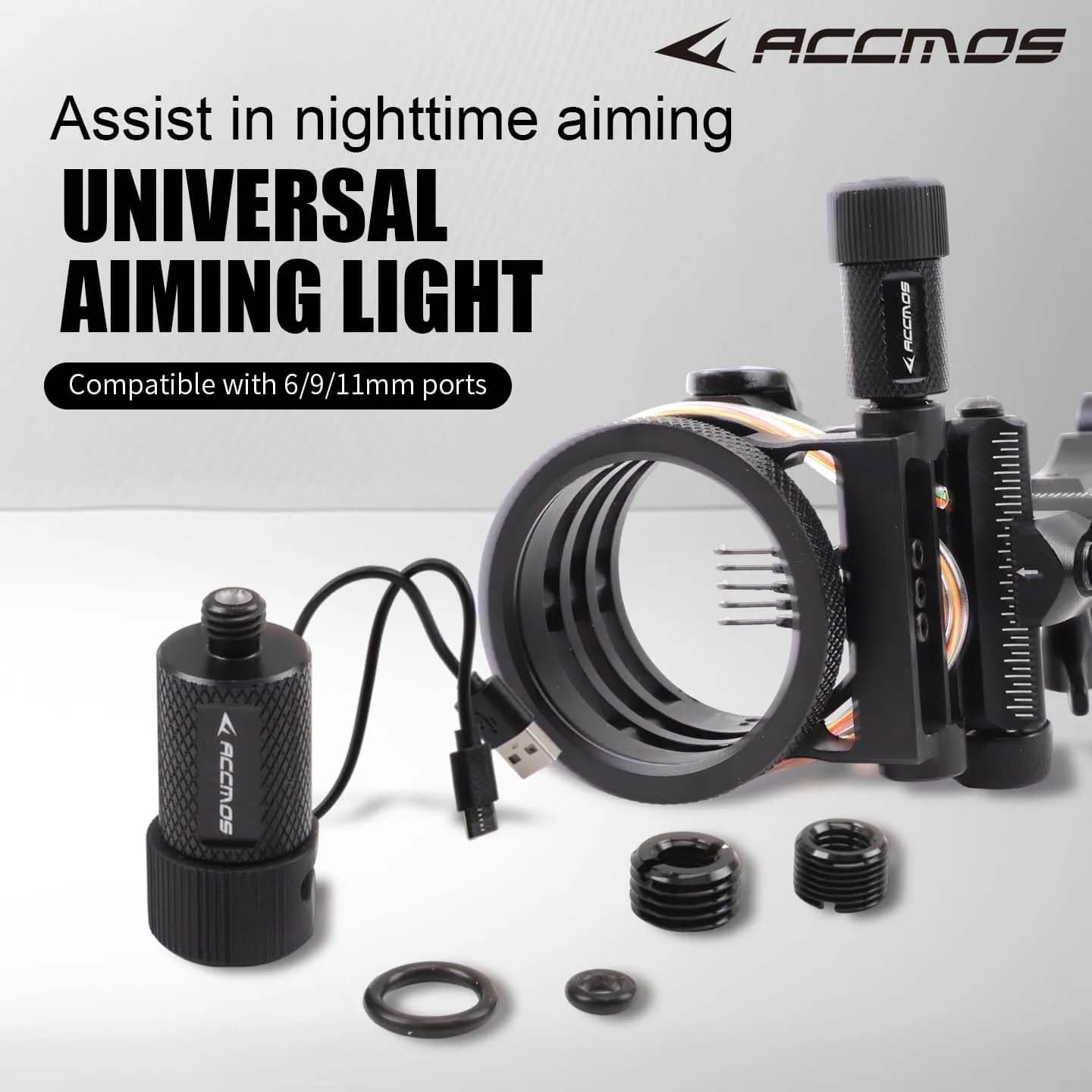 ACCMOS Archery Aiming Light for Bow Sight 3-Level Adjustable Blue Light Compatible 6mm 9mm 11mm Port Rechargeable Long Battery