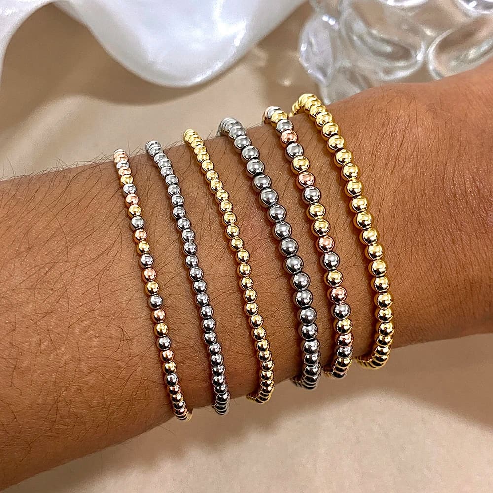 3pcs/set 3/4mm Stainless Steel Beads Elastic Cuff Bracelets For Women Men New Tricolor Stackable Bracelet Waterproof Jewelry