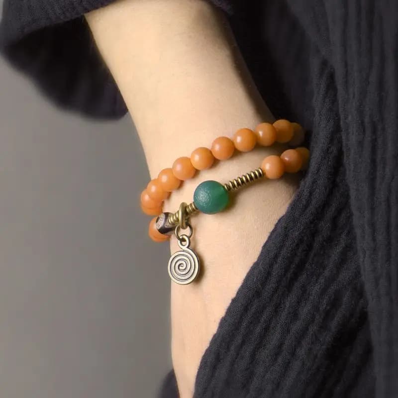 Green vintage ethnic bracelet with Bodhi seeds, curved flower, Buddhist meditation, adjustable, unisex, natural simplicity jewelry