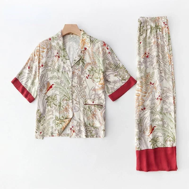 Elegant Viscose Pajama Set Women Short/Long Sleeve Bird Print Pjs Silky Soft Loungewear for Gifting Luxury Silky Satin 2 Piece