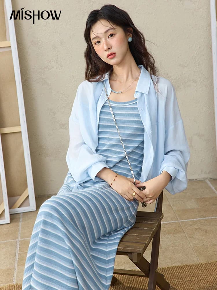 MISHOW Abito a canotta a righe blu da donna Camicia in Lyocell separatamente Estate 2025 Camicia con risvolto solido Abito con cinturino con o-collo MXE34L2285