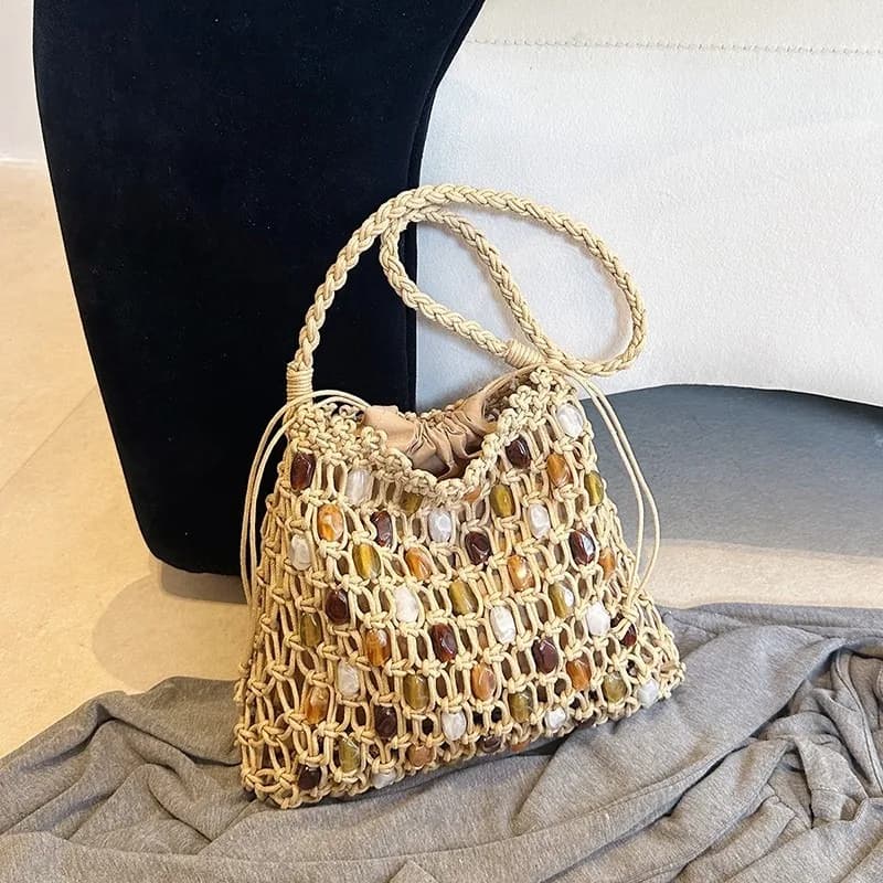 Summer Hollow Out Woven Beaded Crochet Tote Bags Hot Sale Beach Drawstring Bucket Handbag Multicolor Wooden Beads Shoulder Purse