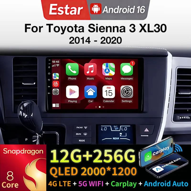 Android 16 Car Radio For Toyota Sienna 3 XL30 2014 - 2020 Wireless Carplay Auto Stereo QLED GPS Multimedia Player Navi Head Unit