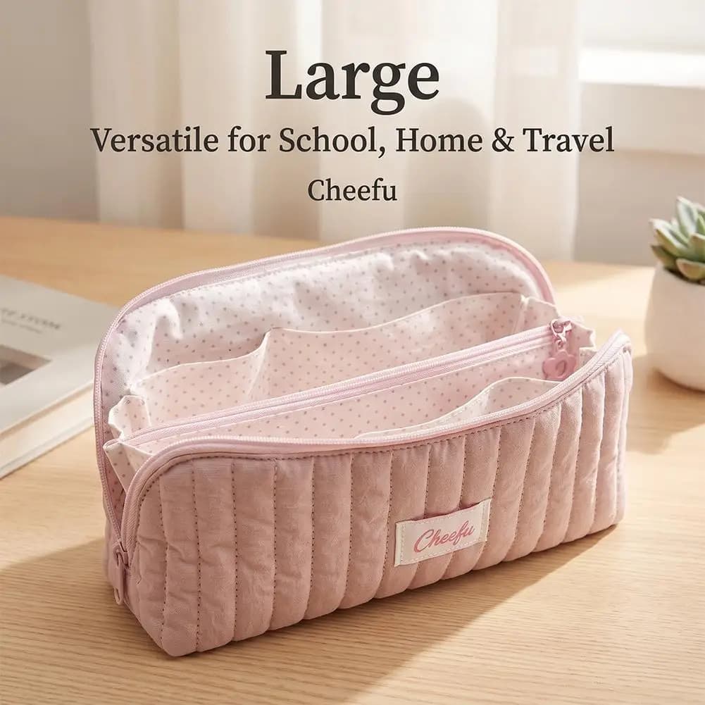 Large Capacity Striped Pencil Pouch Multi Pocket Zipper Stationery Bag School Travel Makeup Storage Case