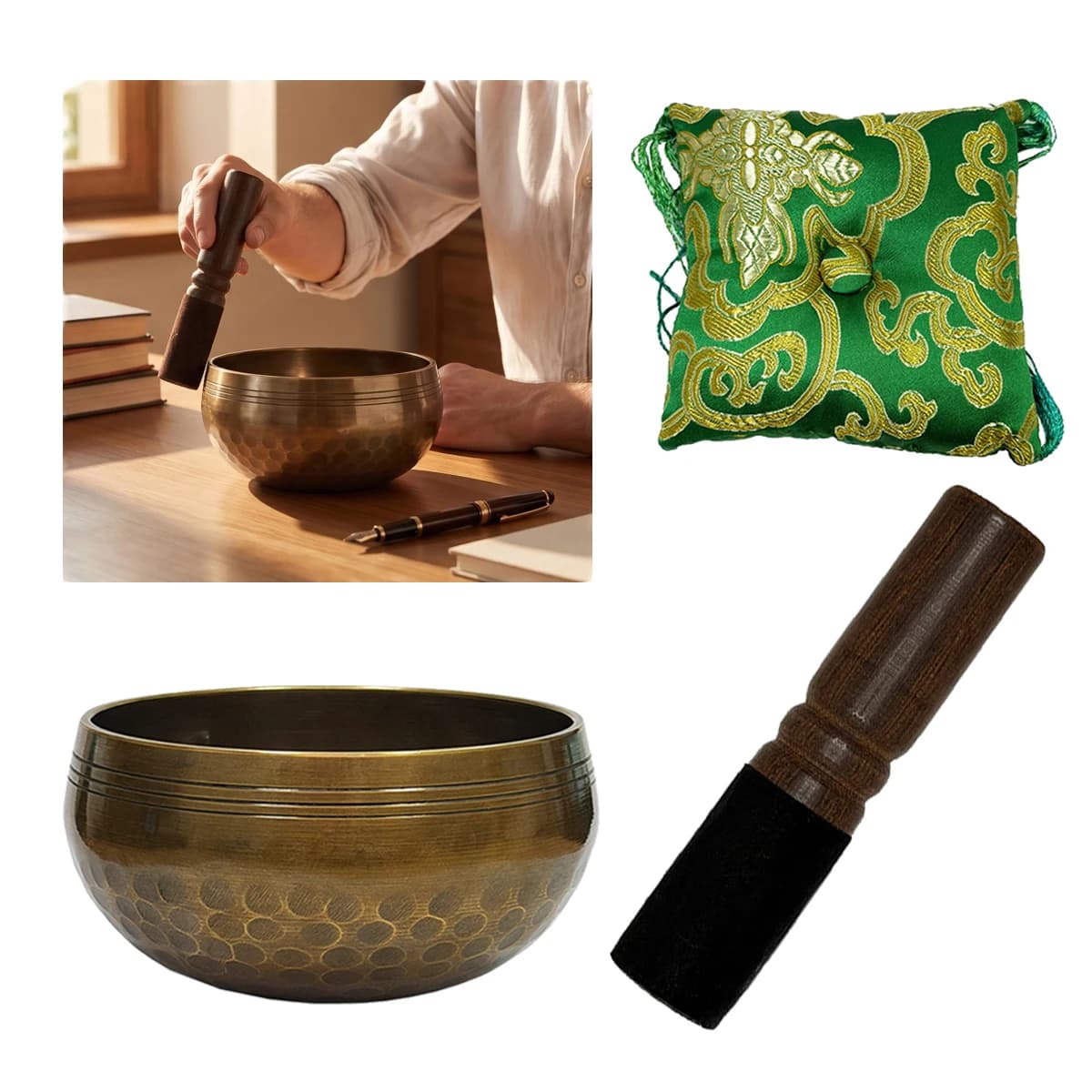 Miwayer 9cm Singing Bowl with Cushion & Striker – Copper-Tin Mix, Scaley Pattern, 5cm Tall, Relaxation Aid, Yoga Accessory