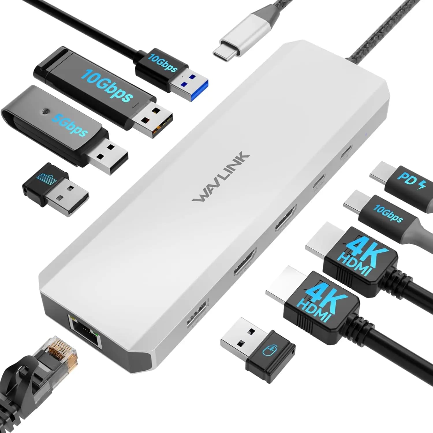 Docking station per laptop da 10 Gbps con doppia HDMI, porte PD 100 W, USB-C/A per computer Windows