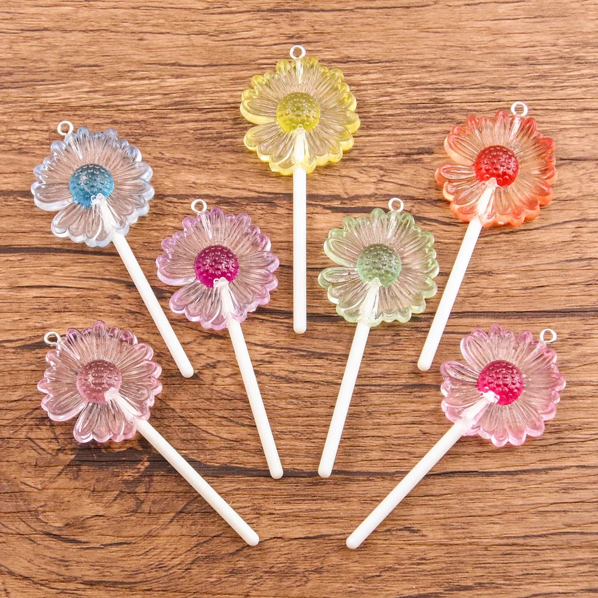 10Pcs 28*70mm 7 Color Colorful Daisy Charms Lollipop Flower Resin Cabochons Necklace Keychain Pendant DIY Making Accessories
