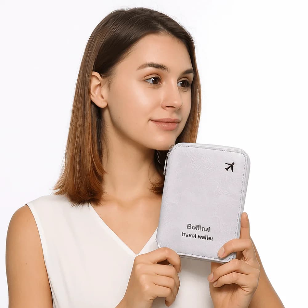 Portafoglio da Viaggio Multifunzionale in Pelle PU con Cerniera, Borsa per Passaporto RFID Antifurto Impermeabile, Porta Carte di Credito e Documenti