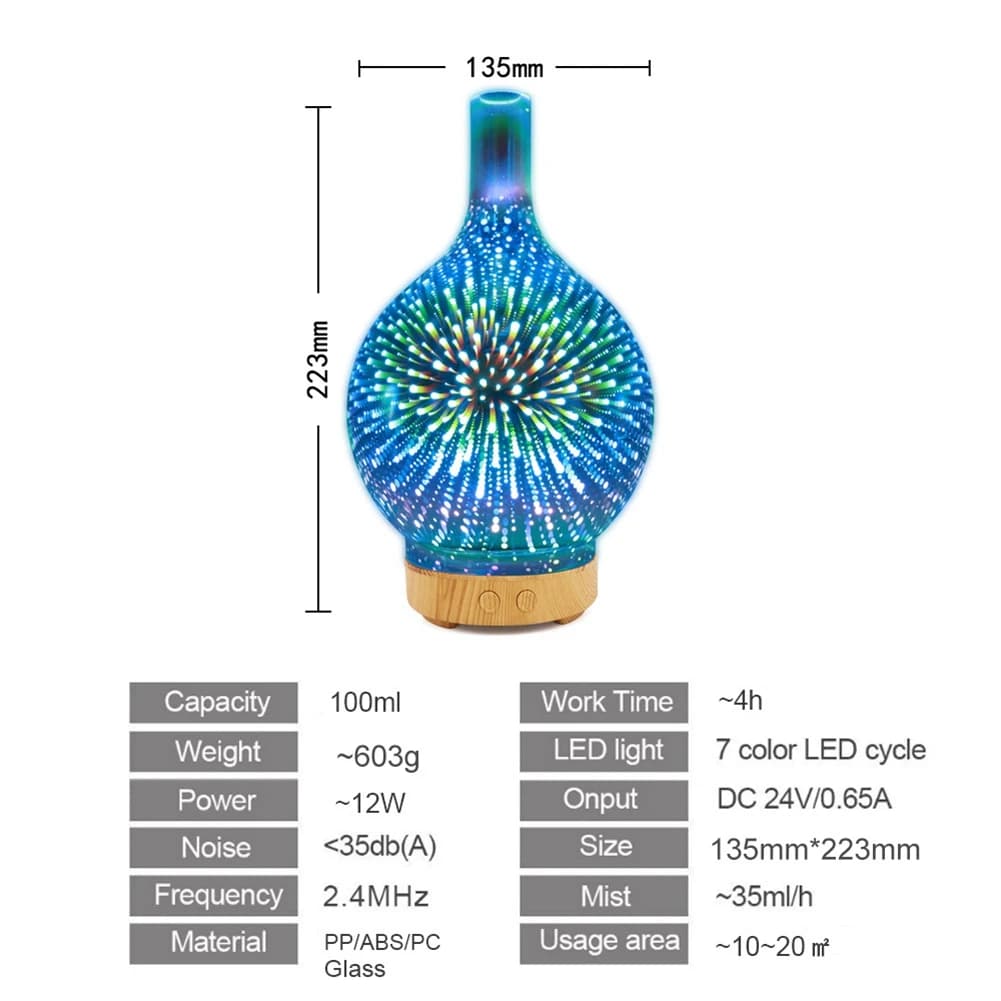 X09A3D Umidificatore USB in vetro per fuochi d'artificio con 7 colori LED Luce notturna Aroma Diffusore di olio Creatore di nebbia fredda Spina europea nera