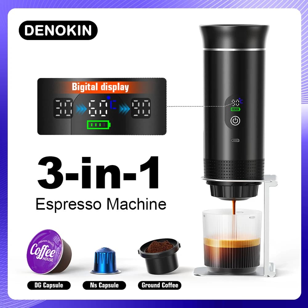 DENOKIN Portable espresso machine with digital display 3 in 1 capsule coffee machine for car and home camping coffee machine