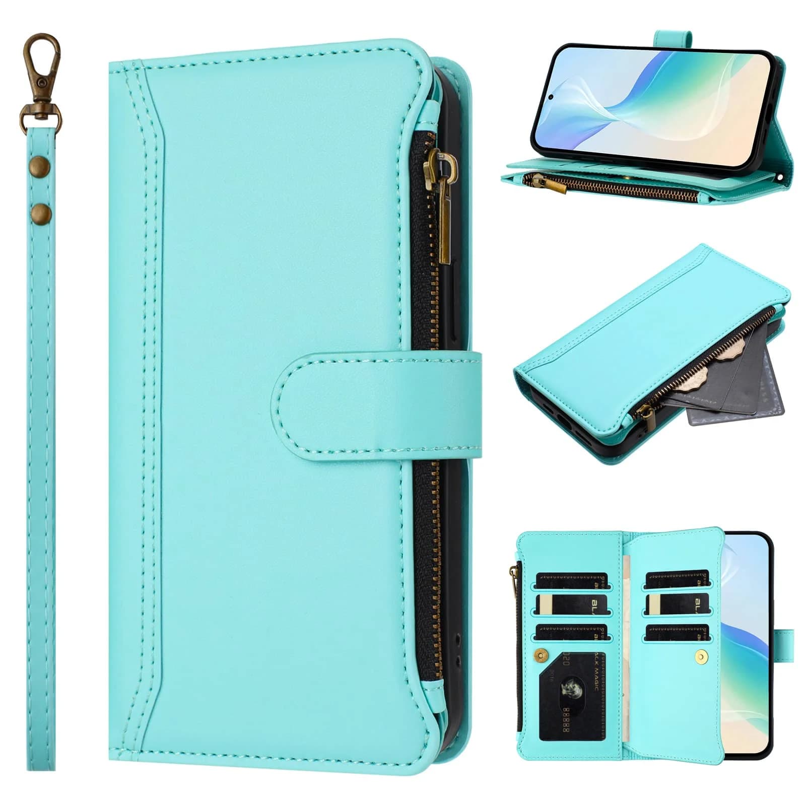 Custodia a Portafoglio per Samsung Galaxy A15 A16 A25 A32 A36 A53 A56 A73, con Blocco RFID, Funzione Kickstand, Cinghia da Polso e Porta Carte