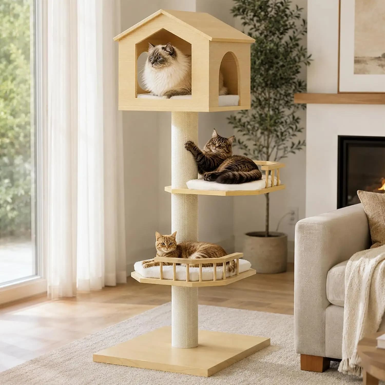 54" Cat Tree Large Cats 2 Perches Wood Scratch Post Rooftop Hideaway Anti-Tip Base Washable Cover Pet Furniture Customized