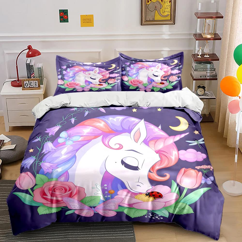 Set di biancheria da letto con stampa floreale Dreamy Unicorn, 1 copripiumino, 2 federe per adulti e bambini, regalo di lusso, misura completa
