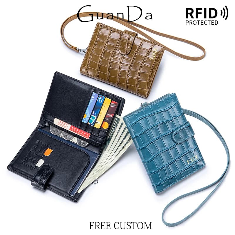 Fashion Woman Travel Passport Wallet Crocodile Leather Pattern Cowhide Passport Holder With Neck Strap Custom Initials Card Bag