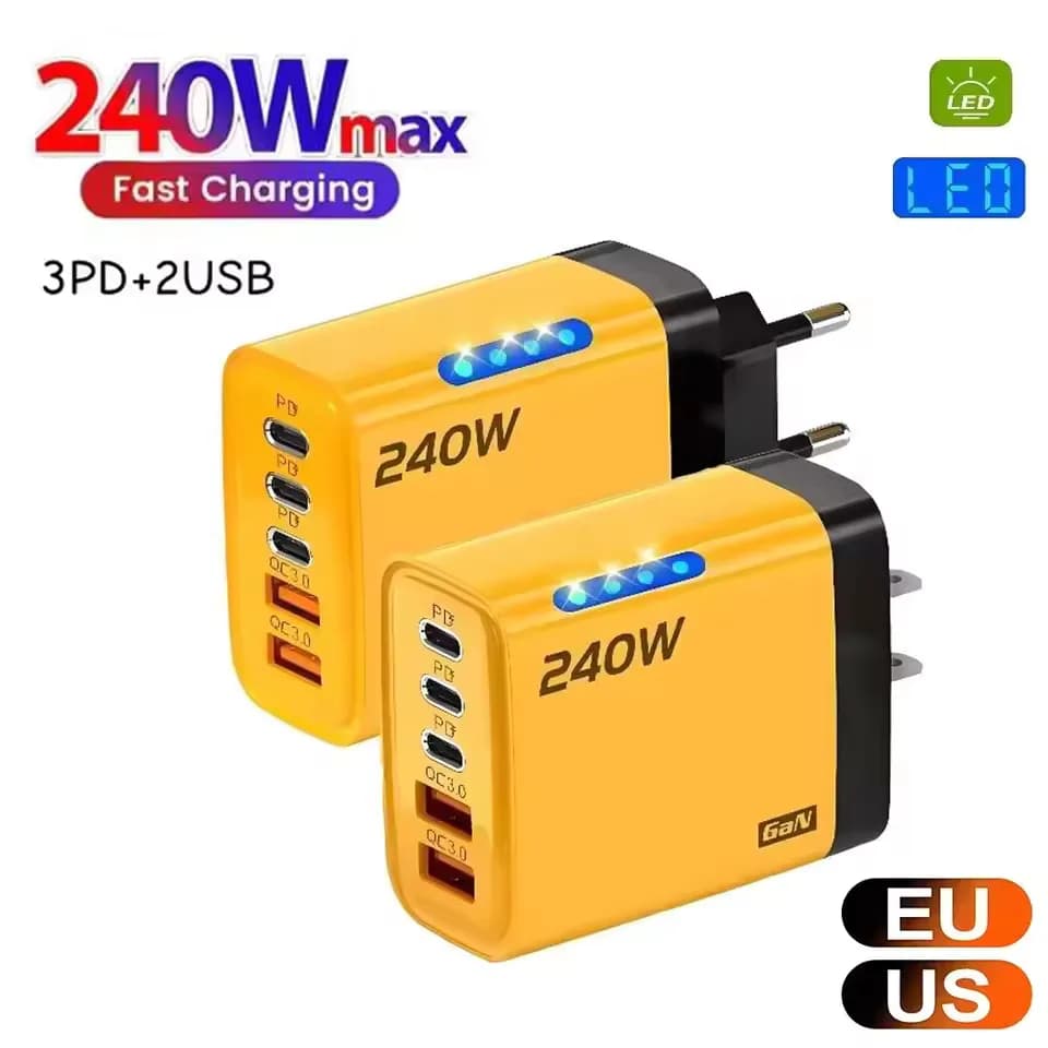Quick Charger GaN USB C PD from 240W to 5 Ports QC3.0, Wall Adapter with EU/US/UK Plug for iPhone 17 16 15 Samsung Xiaomi Huawei Tablet