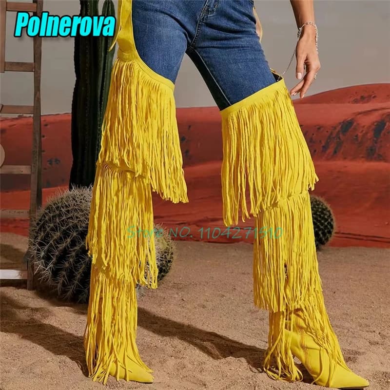 Stivali sopra il ginocchio con nappa gialla Cerniera sexy con punta a punta Tacchi sottili Stivali con tacco Stivali con fibbia in vita Scarpe da passerella da donna