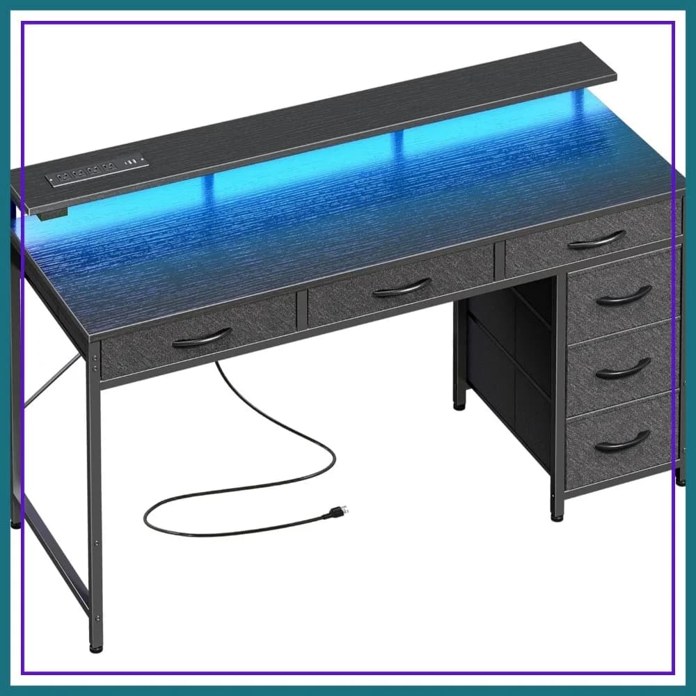 Scrivania da Gaming con 6 Cassetti, Scrivania per Computer da 47 Pollici con Luci LED, Prese di Corrente e Porta Type-C, Scrivania da Ufficio con Supporto per Monitor, Nera