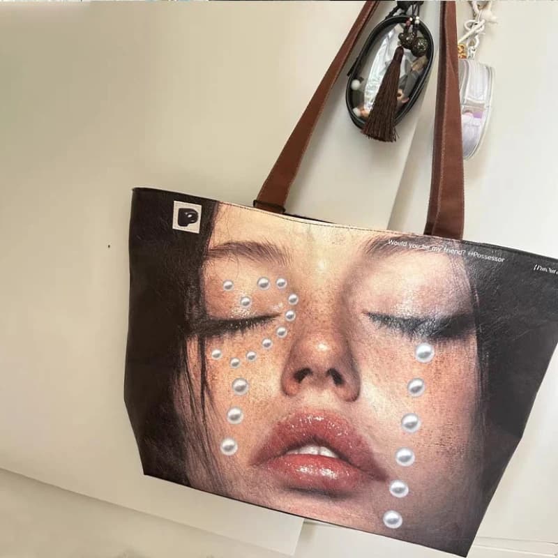 Borsa a tracolla in carta Kraft in PVC, borsa tote da donna con stampa di ritratti, borsa grande con manico superiore, borsa per la spesa impermeabile, zaino per studenti